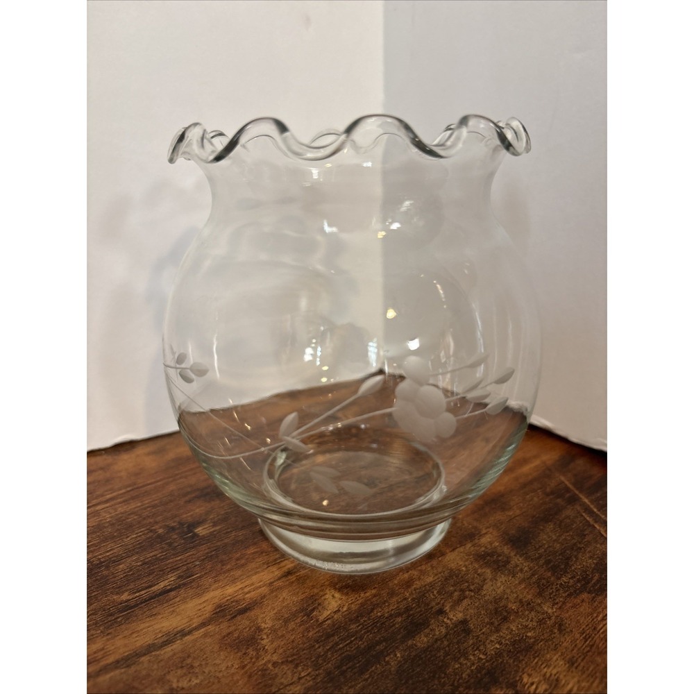 Princess House Heritage Etched Crystal Ruffled Crimped Vase Rose Bowl Fish 5.5"